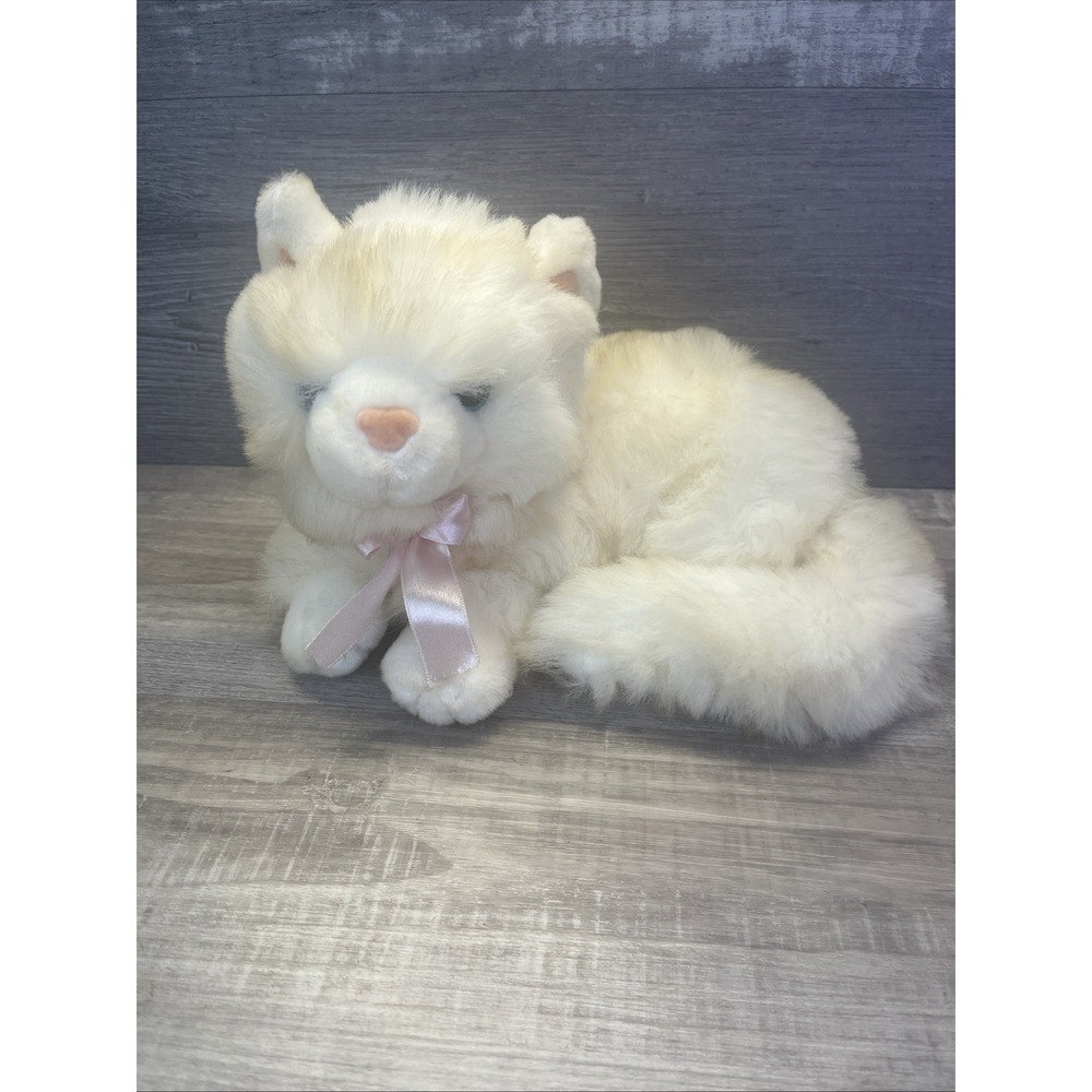 Tb Trading Co Plush Cat White Blue Eyes Laying Down Curled Up Cuddle Real Look